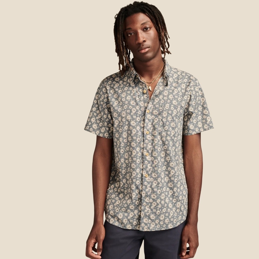 Lucky Brand Mens Large Shirt Plaid Short Sleeve Button Printed Blue Cotton